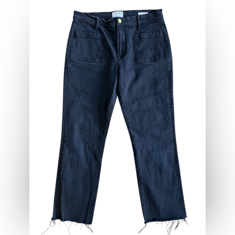 FRAME Denim Le Bardot Straight High Rise Jeans Raw-Edge Crop Black Sz 30 $240